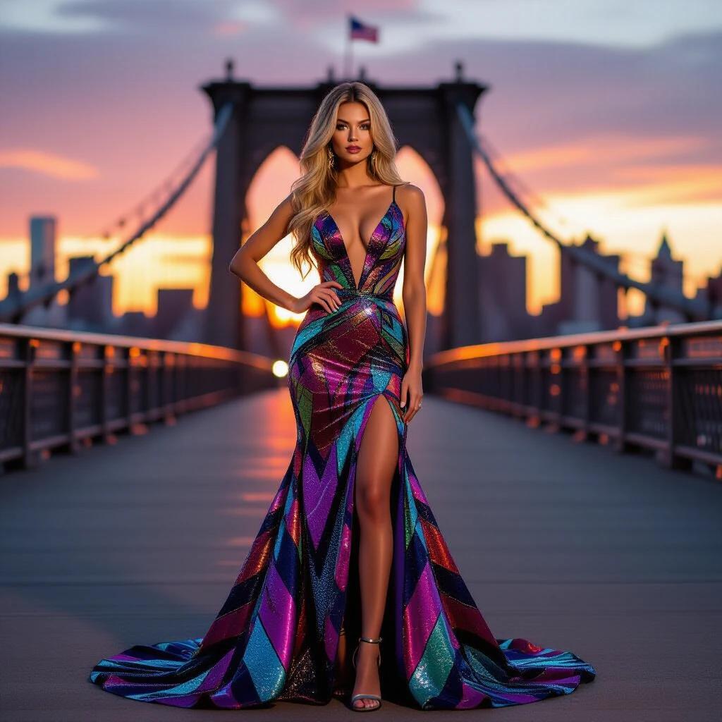 A young woman stands confidently in a striking gown. The gown has jewel tones and multifaceted patterns. Her long blonde hair flows over her shoulders. A historic bridge is in the background. The sunset casts glowing light. The scene captures elegance and urban beauty.