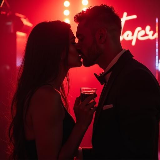 Couple kissing in a dark nightclub. Romantic atmosphere created by dramatic lighting. Couple appears intimate with a drink in hand.