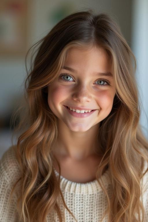 Girl with wavy hair wearing a cozy sweater. Natural and soft lighting captures her warm hairstyle. Focus on the hair and outfit in a serene environment.