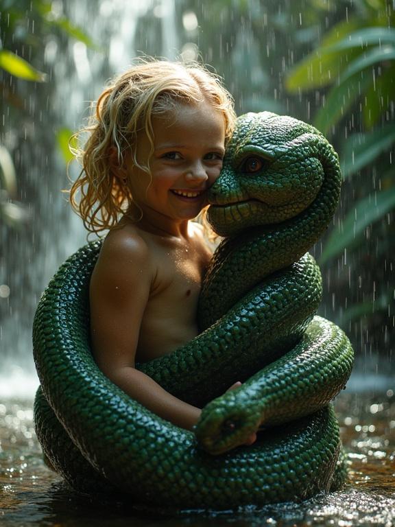 A jungle scene features a dark-skinned girl with blonde hair and a serpent-like creature. Both are smiling under a waterfall. Water splashes around them with sunlight catching droplets. Lush tropical plants surround the scene.