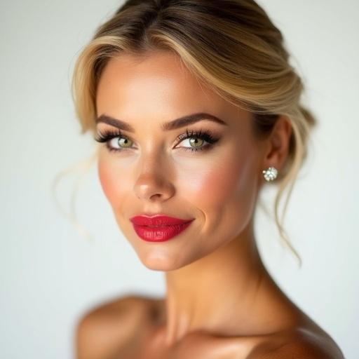 Close-up studio portrait of a beautiful woman with green eyes. Smoky eyeshadow accents her glossy red lips. Blonde hair in a tight bun. She wears diamond stud earrings. Soft lighting creates a radiant atmosphere. Minimalist white backdrop accentuates her elegance.