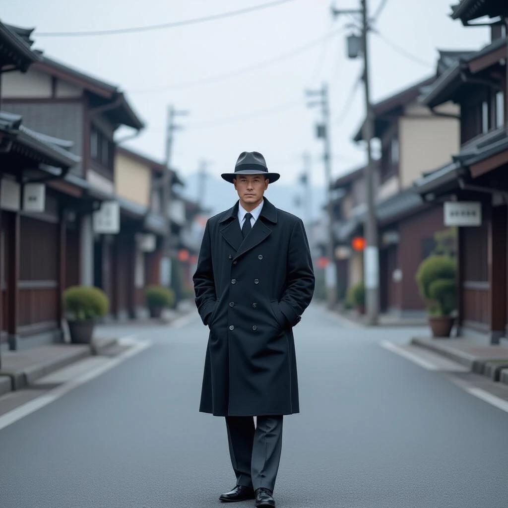 A man stands alone in an empty street. He wears a slightly worn black investigation coat and a gray hat. His black hair is medium-long. The ambience is quiet and moody.