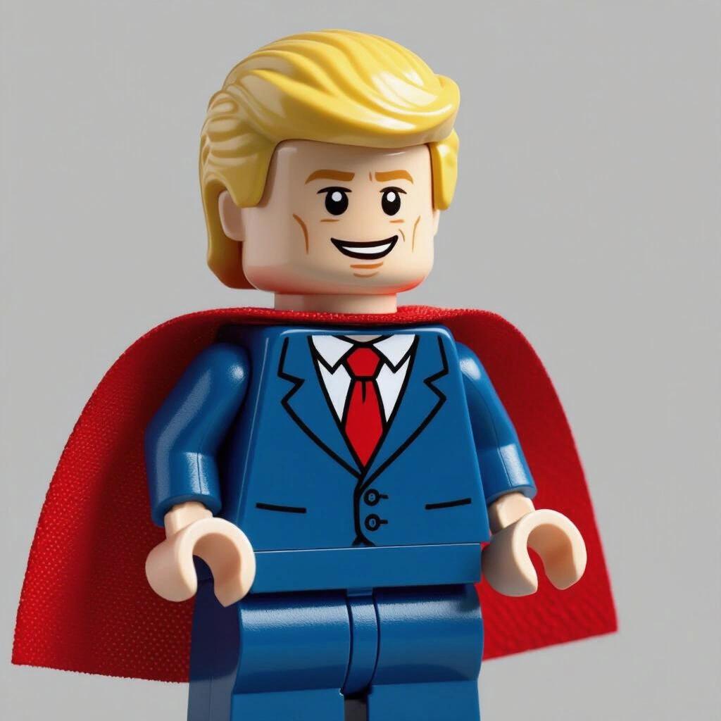 Lego character representing Donald Trump dressed in a blue suit with a red cape. Character has a blonde hairstyle resembling Trump. Smiling expression is displayed. The background is simple and gray for contrast.