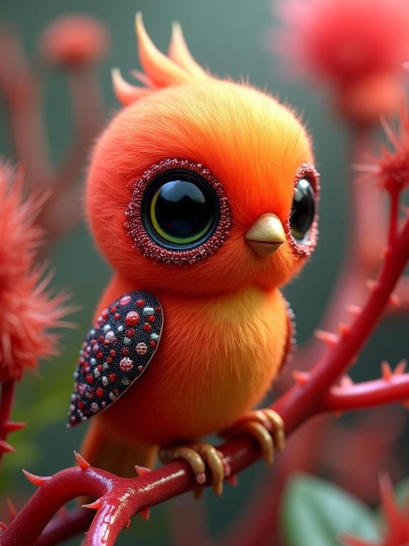 Image of a colorful bird-like creature with bright red-orange fur and large eyes perched on a vibrant surreal plant. The environment includes deep greens and bright pinks. The scene is highly stylized and whimsical.