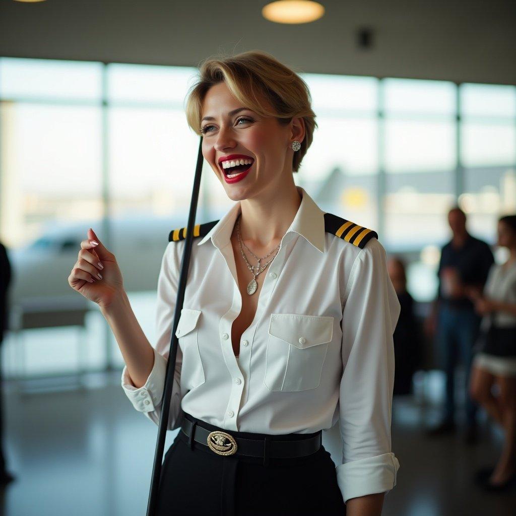 Portrait of a smiling woman dressed as an airline pilot. She wears a white shirt with a deep neckline and captain stripes. Her smile is bright, enhanced by red lipstick. She has short hair and jewelry. A riding crop is held in her hand. The background shows an airport environment with blurred figures.