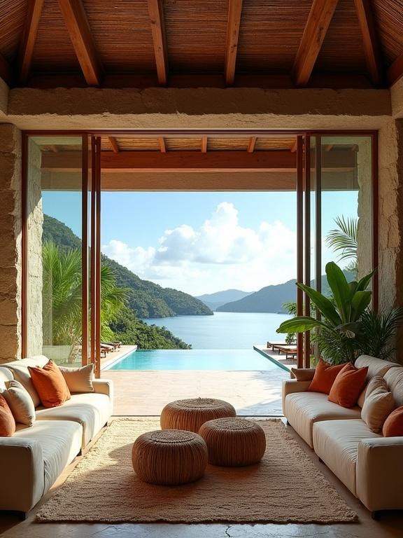 Luxurious indoor outdoor living space in tropical design. High open ceiling made of wooden beams. Rough-hewn stone pillars blend with the organic environment. Large glass sliding doors open to infinity pool. Plush cream-colored sofas with beige and orange cushions. Low woven ottomans as coffee tables. Textured beige area rug with geometric patterns. Lush green plants enhance tropical ambiance. Cushioned lounge chairs by the pool. Tranquil bay view under bright blue sky with white clouds.