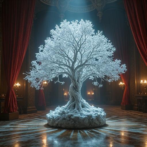 Dibujo de un árbol de cristal en un salón de fantasía. El tronco es transparente y cristalino. Salón decorado con luz suave y etérea.