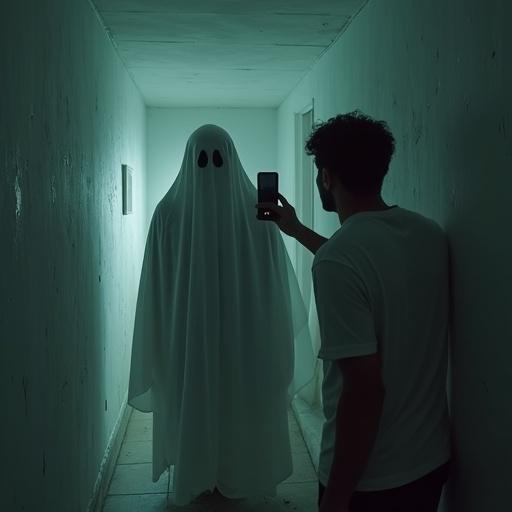 A ghost and a person are taking a selfie in a dimly lit hallway of a ghost house. The ghost wears a traditional white sheet with visible eye cutouts. The person, dressed casually, holds a smartphone. The atmosphere is eerie and spooky.