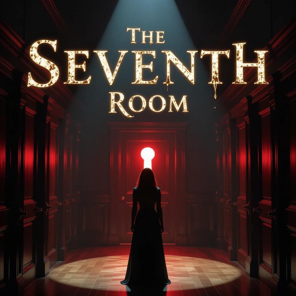 The Seventh Room movie poster features Old keyhole-inspired lettering. Tessa Thompson stands before identical wooden doors with one glowing red light. A spotlight isolates her in a mysterious setting with symmetry and shallow depth of field.