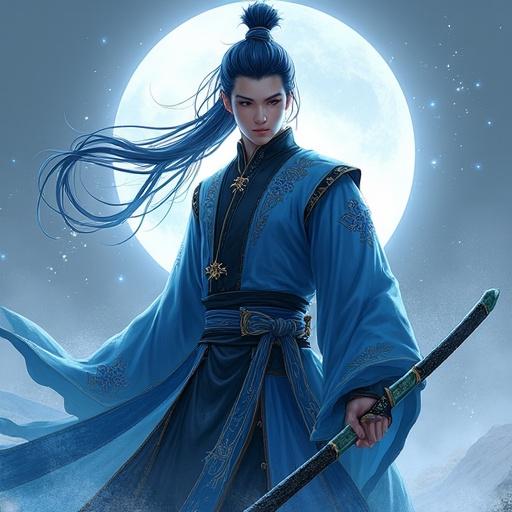 Masculine character named Yun Qinglan with long silver-blue hair tied in a high ponytail. He has sharp gray eyes, athletic build, and wears dark blue combat robes with gold embroidery. He holds a black double-edged sword. The backdrop features a large moon.