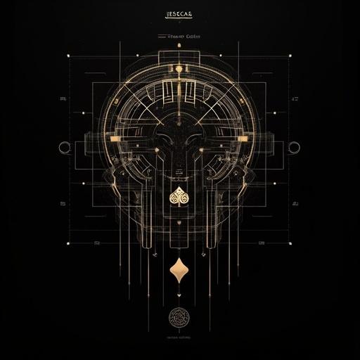 Futuristic graphic print for a black T-shirt, transparent background design, structured, digitally inspired, luxury online casino AI system called JESSCAS. Features abstract AI face or skull from playing card suits, dice, slot symbols. Contains geometric digital elements with gridlines, UI frames, and integrated JESSCAS name. Background is deep black, structure in matte gold and ivory, with minimal accents in crimson, blue, turquoise. All components have sharp edges and clean layout.