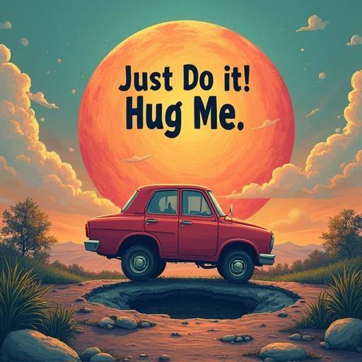 Motivational graphic T-shirt design. Features a red car above smiling pothole faces in a surreal landscape with a large sun.
