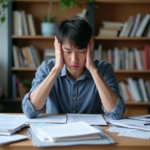 A young Japanese man appears stressed surrounded by tax and investment materials. He touches his head while sitting at a cluttered desk with papers.