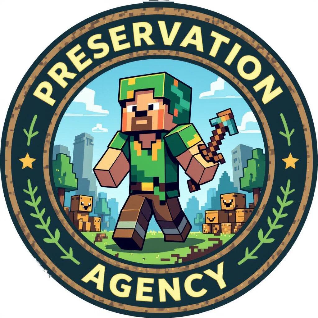 Logo design for preservation agency. Focus is on Minecraft theme. Bright colors with playful character. Circular logo representing community identity. Emphasizes historical narratives and digital preservation.
