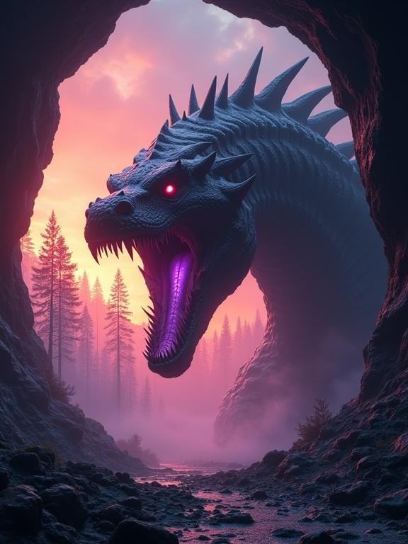 Colossal terrifying dark segmented serpent emerges from cave. Massive fanged mouth emits purple glow. Piercing red eyes create a menacing stare. Ribbed body looms large. Sparse forest silhouettes in background. Intense apocalyptic sunset casts fiery light. Scene evokes imminent terror and otherworldly threat. Photorealistic ultra-detailed monster design. Horror sci-fi cinematic style. Shot from low angle with dramatic volumetric rays.