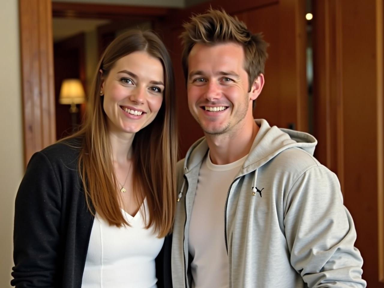 In this image, there are two individuals standing close to each other, suggesting a friendly or intimate moment. One person has long straight hair and is wearing a stylish dark cardigan over a white dress, while the other has short, tousled hair and is dressed in a light, sporty jacket. The background shows a warm, inviting interior space with wooden accents, indicating a cozy environment. There appears to be soft lighting that enhances the intimate vibe of the scene. The individuals are posing for a photo, with friendly smiles, highlighting a shared experience.