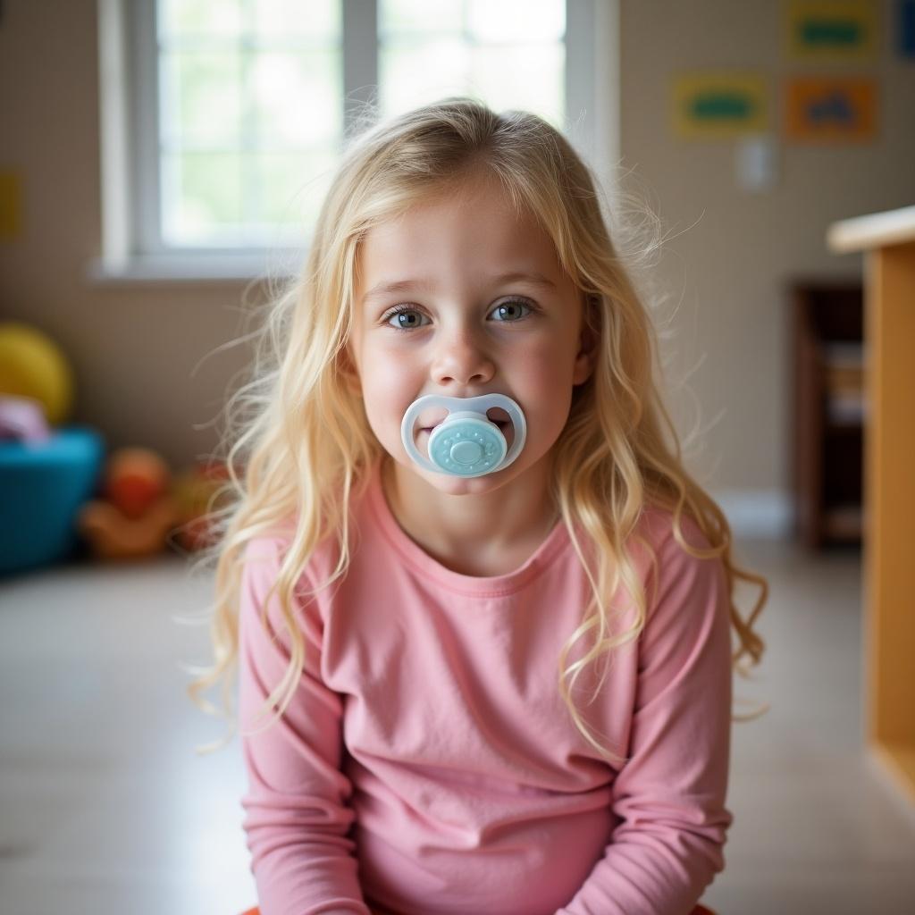 Child with long blonde hair sitting in daycare. Wearing pink shirt and diapers. Holding pacifier. Looking at the camera. Bright environment.