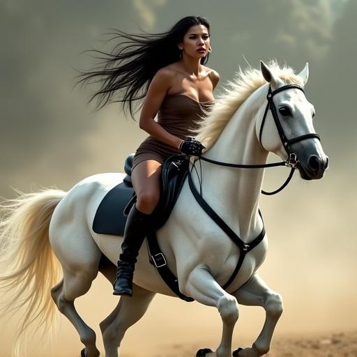 Photograph of a woman with long black hair galloping on a white stallion. She wears tight latex brown leggings, black leather boots, and a black belt. The horse has a white marking on its face. The scene conveys speed and excitement.