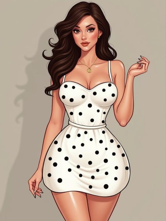 A stylish illustration of a curvy brunette woman in a short white dress with black polka dots. The dress has a fitted bodice and flared skirt. She poses confidently with one hand raised. Long wavy hair adds to her fashionable look.