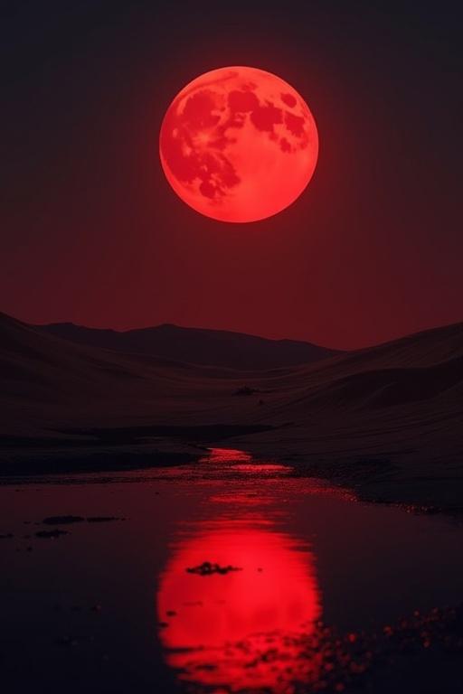 Dark red moon dominates the night sky above a glassy desert. The landscape features a red reflection in the smooth water below. The scene evokes a surreal and moody atmosphere.