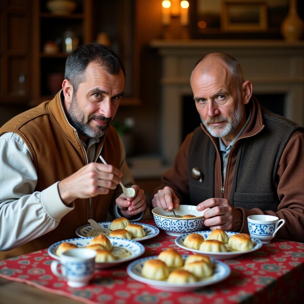 Two men are seated at a table enjoying traditional Ukrainian food. They are eating vareniks, which are dumplings, accompanied by bowls of milk. The setting indicates a warm and inviting atmosphere with a cozy interior.