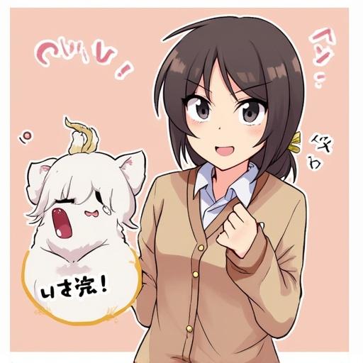 Anime girl smiles cheerfully with a cute animal character beside her. The setting has a light pastel background.