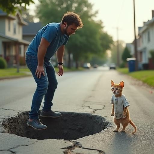 Suburban road scene with a man in a blue t-shirt reacting to a large hole in the road. He looks shocked and concerned. An orange kitten with a torn white t-shirt stands beside him. The background has quiet homes and soft daylight. Space shows a cinematic atmosphere with emotional details.