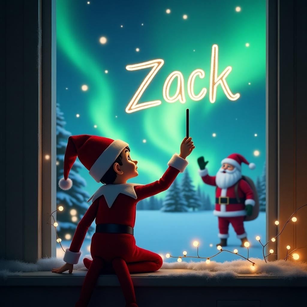 An enchanting scene featuring an elf on the shelf with his back to the viewer. The elf is joyfully using a wand to write 'Zack' in the night sky. In the background, a magical winter landscape illuminated by stunning northern lights captivates the eye. Santa Claus stands nearby, adding to the festive atmosphere. Christmas lights twinkle around the window, creating a cozy, holiday vibe. This imagery captures the wonder of Christmas and the joy of personalization for young children.