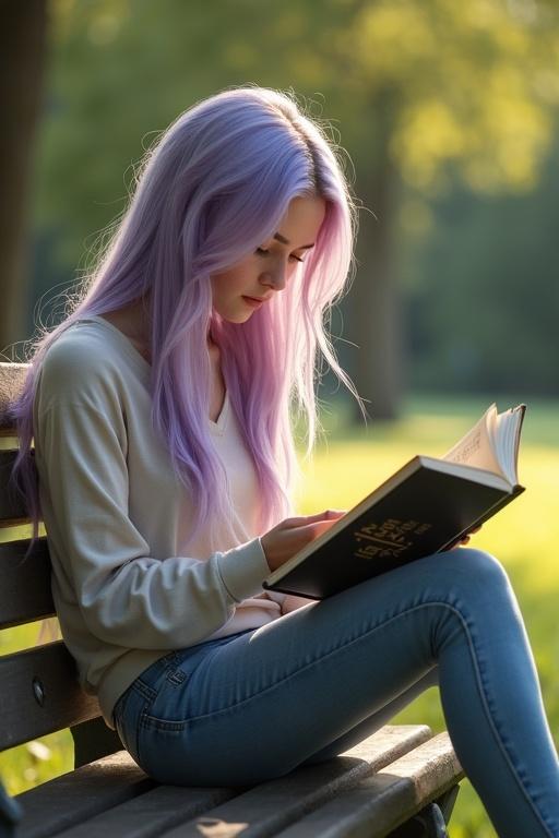 A young girl sits on a bench. She reads a book. Her hair is long and lavender. She has a slender figure. The park is tranquil with trees and grass. Soft natural light enhances the serene scene.