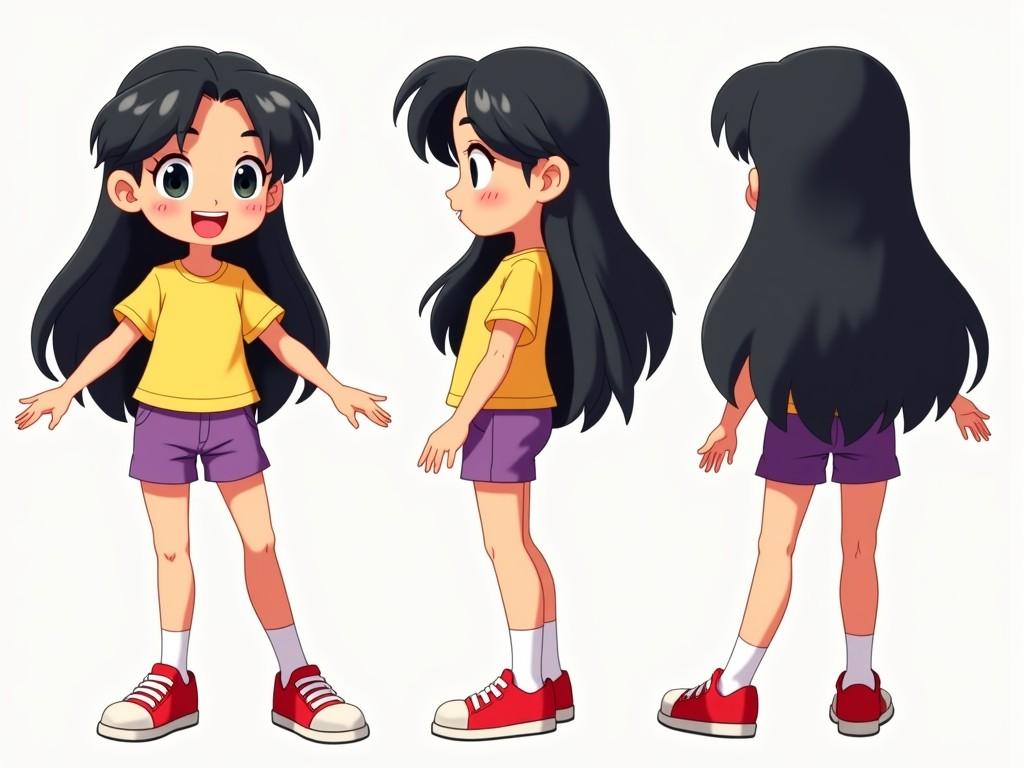 This image features a turn-around sheet of a cartoon character, designed in an anime style. The character is a cheerful girl with long black hair, radiating joy. She wears a bright yellow t-shirt, purple shorts, and red sneakers, showcasing a casual and appropriate explorer outfit. The illustration shows her from three different angles: front, side, and back, providing a comprehensive view of her design. This character embodies a playful yet adventurous spirit, suitable for various media applications.