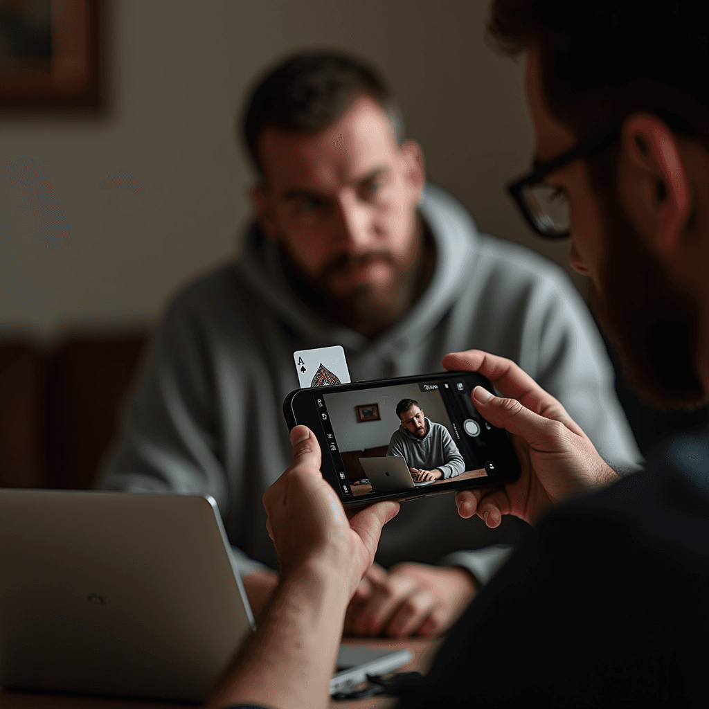 A man takes a photo of another man at a table with a playing card on his phone, with the laptop and blurred figure in the background.