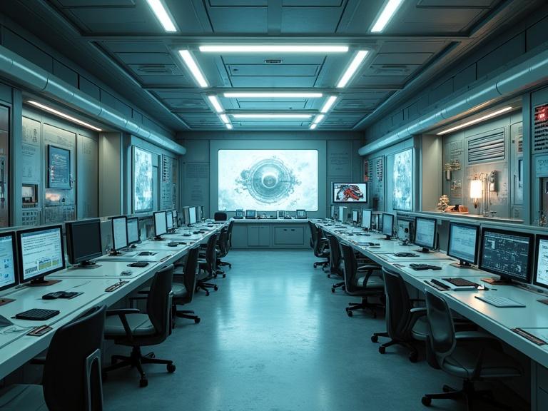 Create an image of a high tech research lab similar to that in Westworld with many computers and a large screen