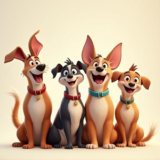 Cheerful cartoon pets in a clean background. Exaggerated expressions show happiness. Art resembles Disney style. Created using Blender.