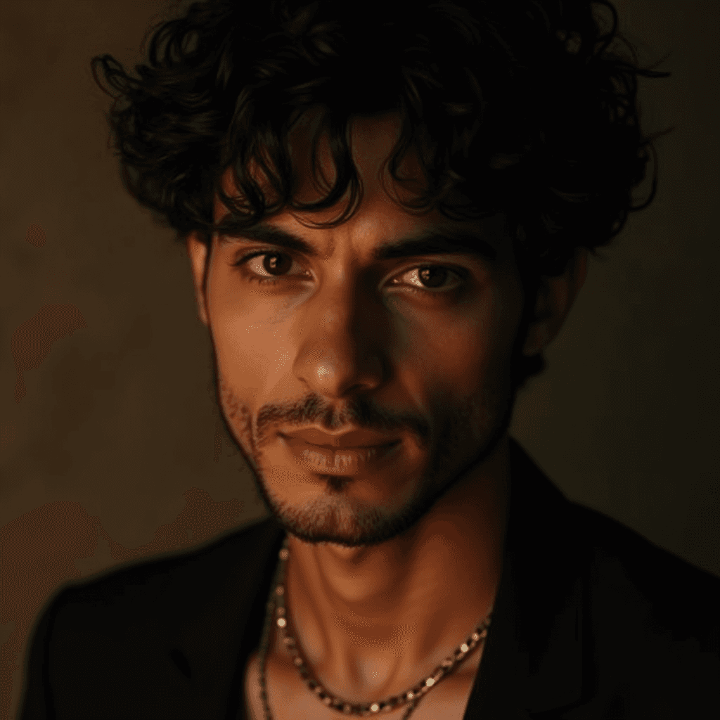 A man with curly hair and a serious expression looks directly at the camera in a dimly lit setting.