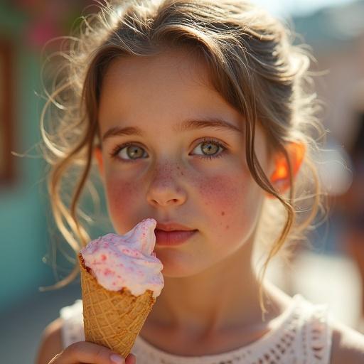 Freckled girl holds melting ice cream cone. Squinting eyes looking at camera. Soft dreamy background under sunlight.