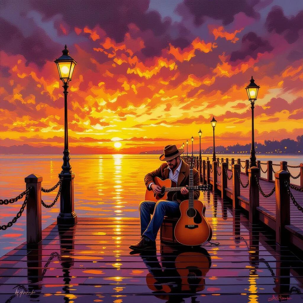 A musician plays an acoustic guitar on a wooden pier at sunset. The scene features vibrant sky colors with clouds in golden yellow, deep orange, magenta, and purple. Ornate street lamps line the pier, with decorative chain railings. The water reflects the stunning sunset, and the wooden planks shine with puddles. A vintage fedora and casual jacket complete the musician's look. The painting uses rich textures with impressionistic brushwork, emphasizing artistic solitude and musical passion.
