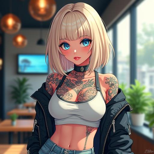 Anime woman in a futuristic and luxurious cafe setting. She has frosted blue eyes, oversized light blonde bob hair, colorful tattoos. Punk rock streetwear attire with piercings. Muscular figure, 6'1, tattoos including a golden lotus. Wearing blue diamond sunglasses. Light pink lipstick.