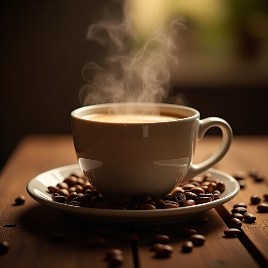 Steaming cup of hot Nescafe coffee on a table surrounded by coffee beans