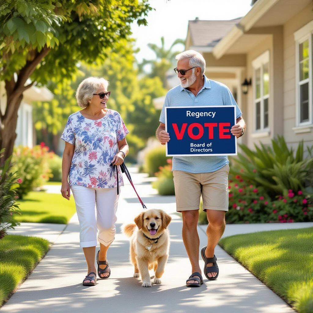 Elderly couple walks dog in California residential area. They wear summer clothing. One holds a sign that says 'Vote' in red. The sign has 'Regency' and 'Board of Directors' in white. The couple walks along a sidewalk.
