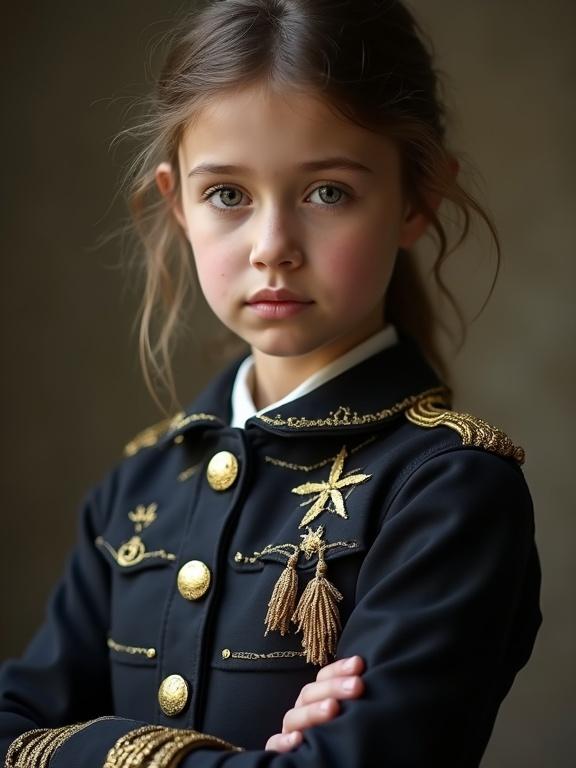 A girl wears a 19th century military uniform. The uniform is black with gold buttons and intricate designs. It features ornate gold embroidery and tassels. The background is neutral and soft, emphasizing the uniform.
