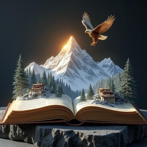 An ancient leather-bound grimoire on an obsidian slab. Open book reveals detailed Himalayan mountain range at golden hour. Snow-capped peaks glisten. Frozen waterfalls cascade onto parchment. Pine forests materialize with needle-rendered trees. A golden eagle soars from the spine. Distant monasteries cling to cliffs with carved stone textures. Emerging 3D landscape against charcoal void.
