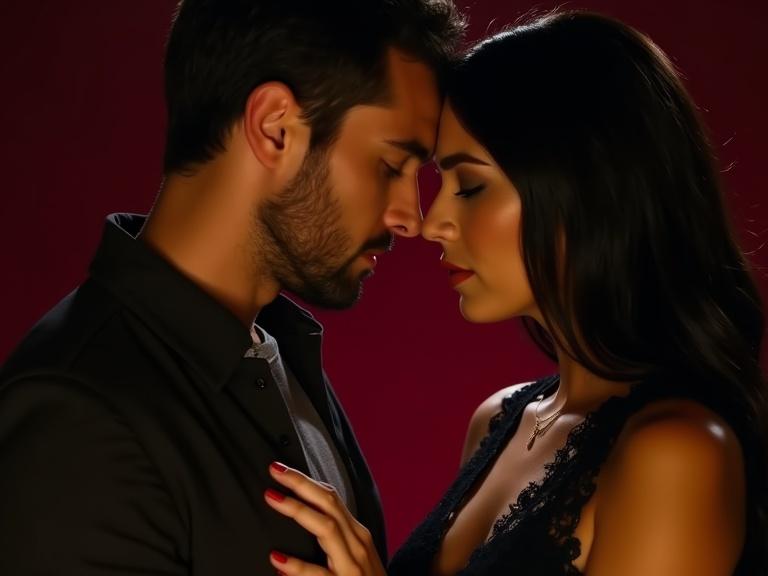 Close-up of a man and woman in their 20s or 30s. The man has short dark hair and a beard. The woman has long dark hair. Both are fair-skinned. They are looking at each other in a romantic pose. The man is wearing a dark jacket and light shirt. The woman wears a dark lace dress. The atmosphere is intimate with a dark red background. Strong light highlights their features. Style is dramatic and provocative, suitable for promotional media.