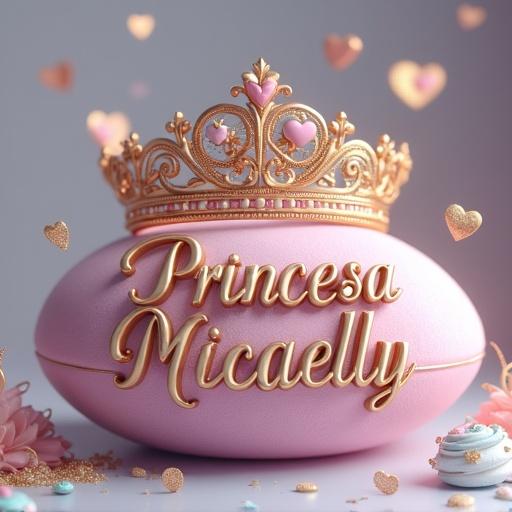 Luxurious 3D digital art focused on an ornate tiara design. Tiara features intricate gold filigree and pink hearts. Tiara is on a velvet cushion. The words 'Princesa Micaelly' are in flowing 3D typography with gold and silver gradients. Small metallic gold and pink hearts float around tiara. Background is a soft gray gradient lit by warm light.