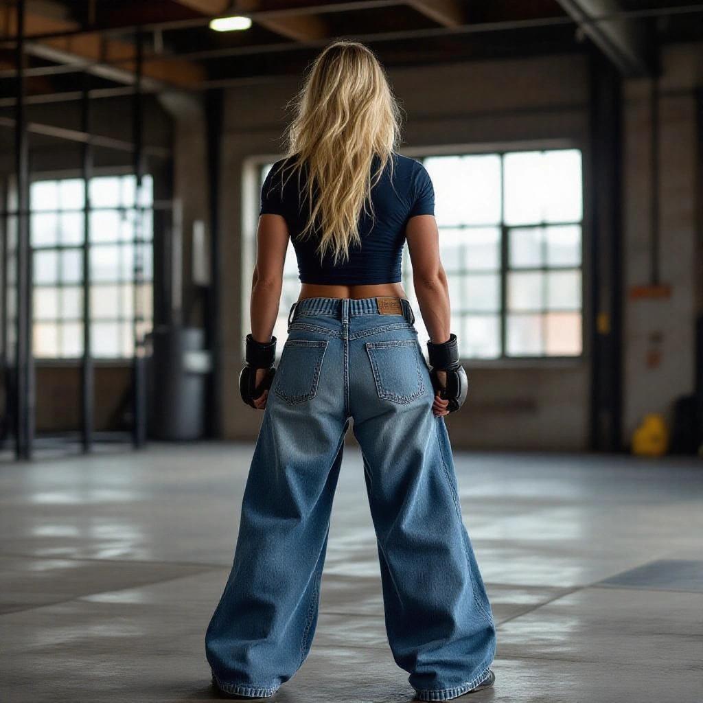 Full body image of a female MMA fighter. She appears exhausted yet fierce. Blonde female showcases ultra wide baggy jeans. Posed in a medium shot with a young athletic figure. Photorealistic style with ultra HD details. Set in an industrial background. She wears a crisp plain navy t-shirt. Natural professional pose with relaxed shoulders. Clean studio lighting emphasized urban clothing brand aesthetics. High resolution details on fabric texture.