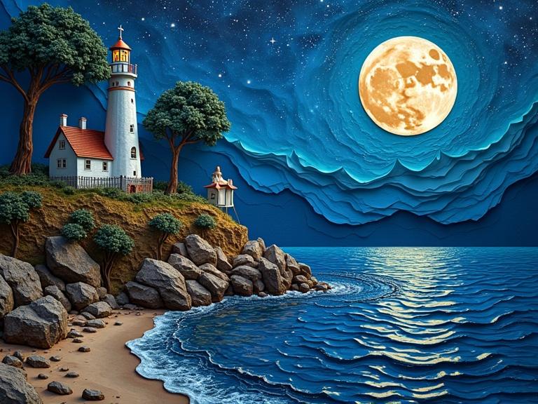 3D origami paper craft of a lighthouse by the seaside. Detailed layers of textured paper creating a moonlit scene. Indigo blue sky with a moon glowing over water. Features rocky shore and trees. Photorealistic digital art with high detail.