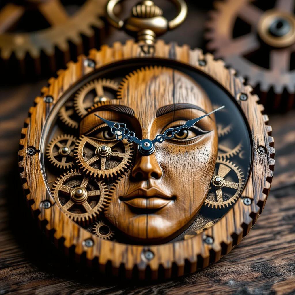 An artistic image showcasing a vintage pocket watch crafted from aged wood and mechanical gears. The image highlights the intricate details of the gears while emphasizing the unique wooden design. High resolution with a focus on craftsmanship.