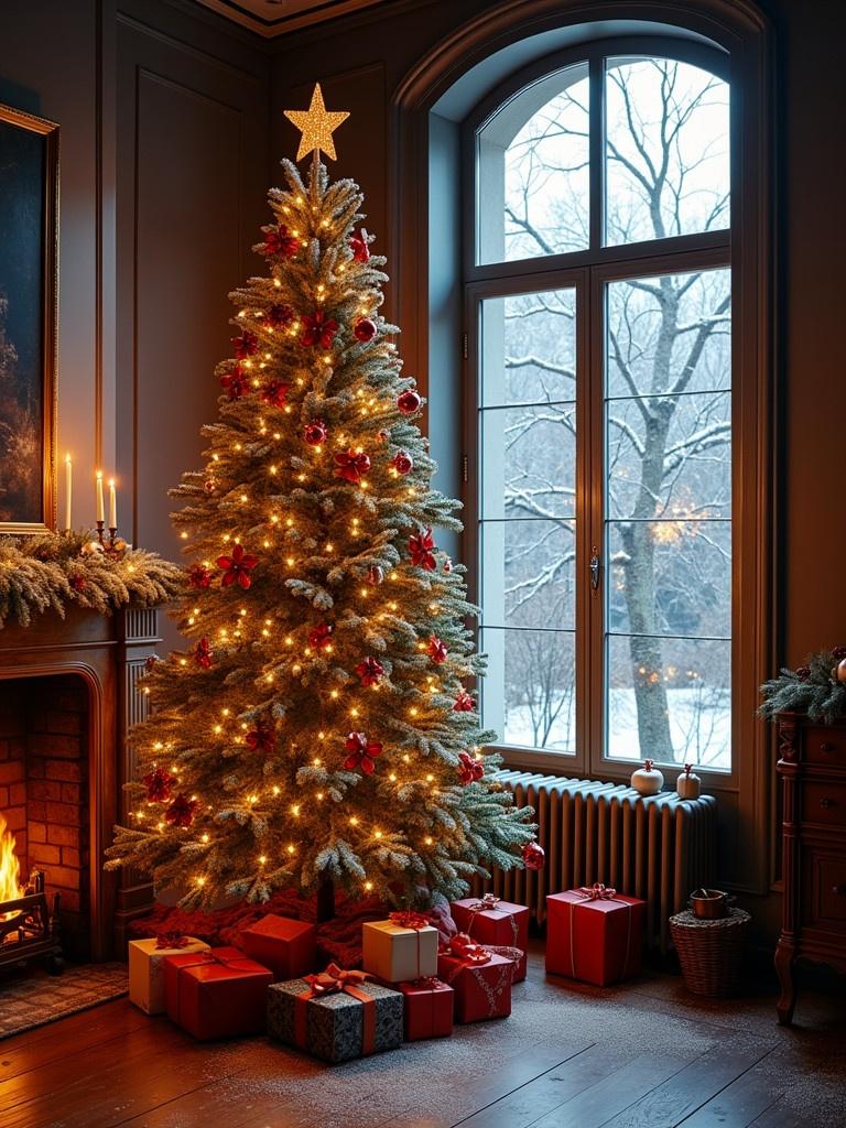 A classic looking room features a decorated Christmas tree with lights and gifts underneath. A warm fireplace is visible, along with a large window showing a snowy landscape. The words 'Merry Christmas Arlinda' are displayed in white snow dust.