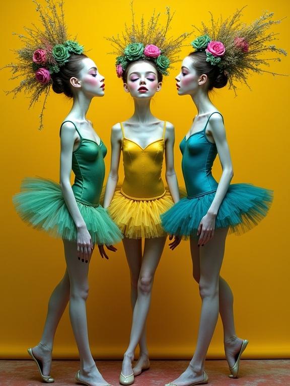 Surreal whimsical portrait of three nude ballerinas dressed in eccentric attire. Shades and tones of green, magenta, yellow, and blue. Intricate details with hyperrealistic style. Background in contrasting yellow ocher and burnt sienna.