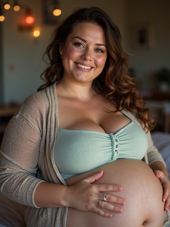 Chubby woman sitting on a bed. She has long, curly hair and wears a light green tank top. The woman smiles while gently holding her pregnant belly. Soft lighting creates a warm atmosphere in the room.