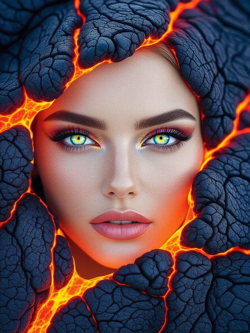 Abstract design inspired by volcanic lava flows. Patterns evoke beautiful artistic designs. Vivid colors and dramatic lighting create an engaging visual experience. Textures resemble cracked earth with glowing lava.